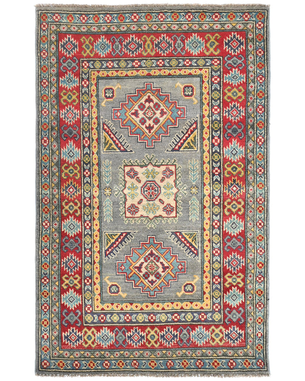 3x5 Gray Kuba Afghan Hand Knotted Wool Area Rug