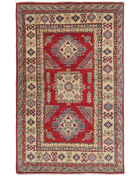 3x5 Red Kuba Afghan Hand Knotted Wool Area Rug