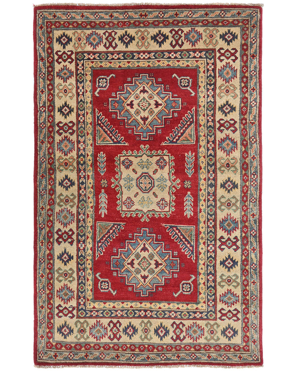 3x5 Red Kuba Afghan Hand Knotted Wool Area Rug