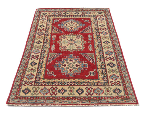 3x5 Red Kuba Afghan Hand Knotted Wool Area Rug