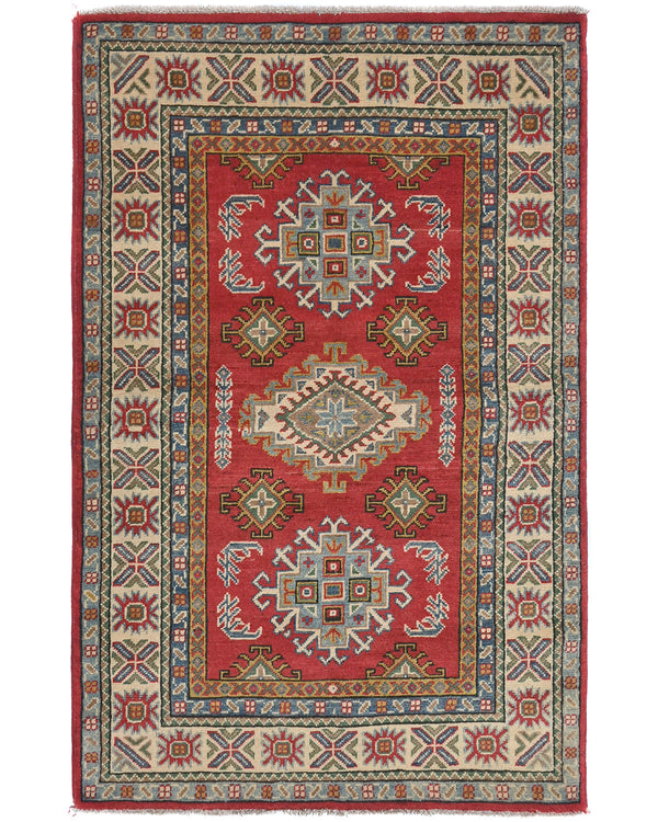 3x5 Red Kuba Afghan Hand Knotted Wool Area Rug