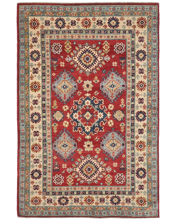 4x7 Red Kuba Afghan Hand Knotted Wool Area Rug