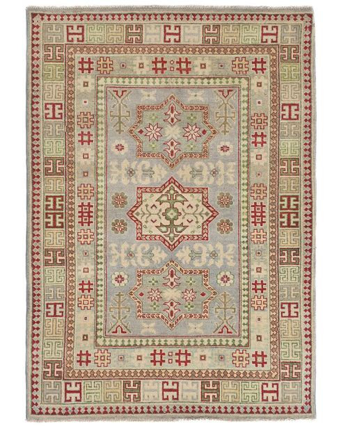 4x6 Gray Kuba Afghan Hand Knotted Wool Area Rug