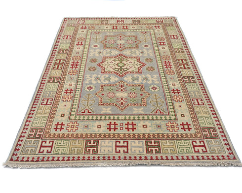 4x6 Gray Kuba Afghan Hand Knotted Wool Area Rug