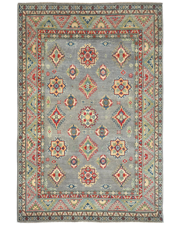 4x6 Gray Kuba Afghan Hand Knotted Wool Area Rug