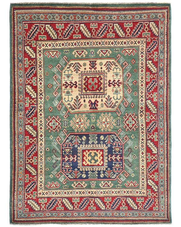 4x6 Green Kuba Afghan Hand Knotted Wool Area Rug