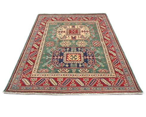 4x6 Green Kuba Afghan Hand Knotted Wool Area Rug