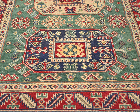 4x6 Green Kuba Afghan Hand Knotted Wool Area Rug
