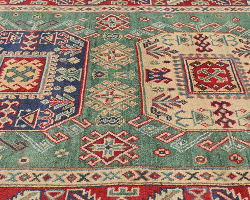 4x6 Green Kuba Afghan Hand Knotted Wool Area Rug