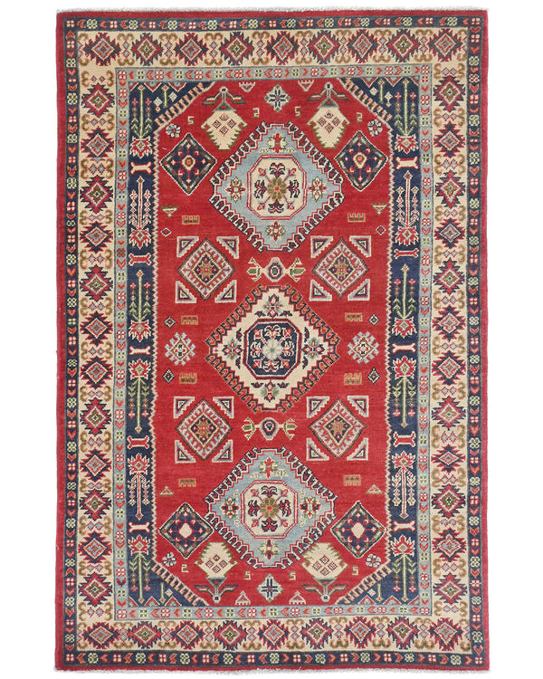 4x6 Red Kuba Afghan Hand Knotted Wool Area Rug