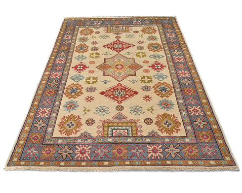 4x6 Beige Kuba Afghan Hand Knotted Wool Area Rug