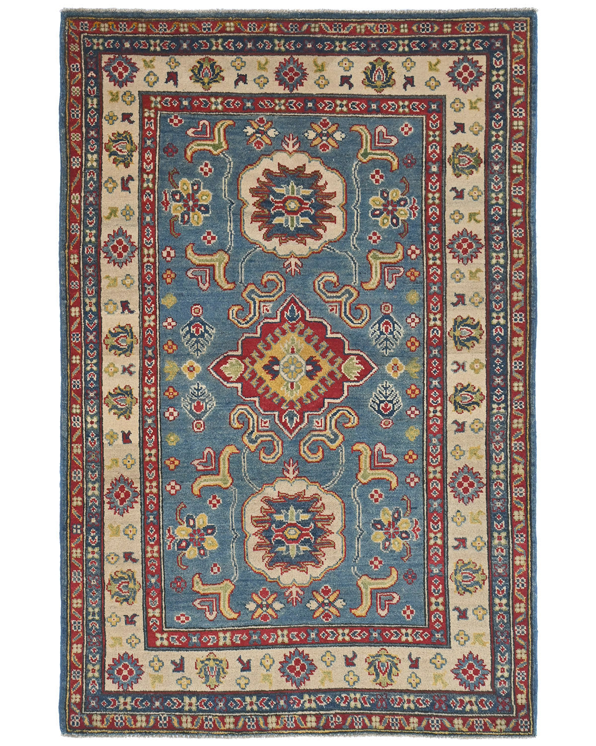 4x6 Blue Kuba Afghan Hand Knotted Wool Area Rug