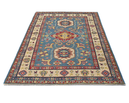 4x6 Blue Kuba Afghan Hand Knotted Wool Area Rug