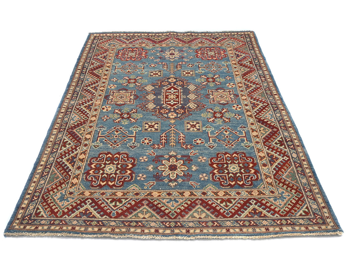 4x6 Blue Kuba Afghan Hand Knotted Wool Area Rug