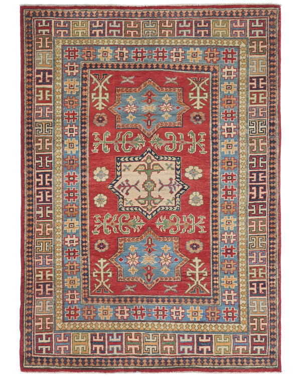 4x6 Red Kuba Afghan Hand Knotted Wool Area Rug