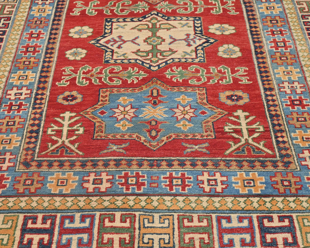 4x6 Red Kuba Afghan Hand Knotted Wool Area Rug