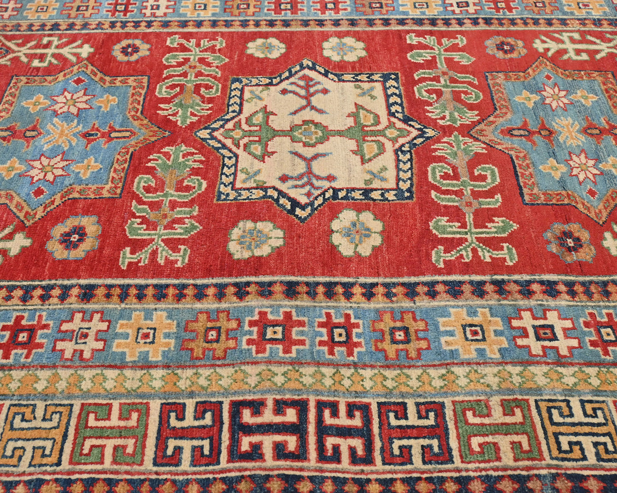 4x6 Red Kuba Afghan Hand Knotted Wool Area Rug