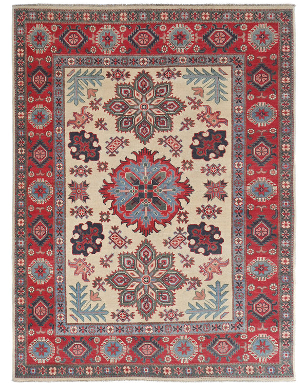 5x7 Beige Kuba Afghan Hand Knotted Wool Area Rug