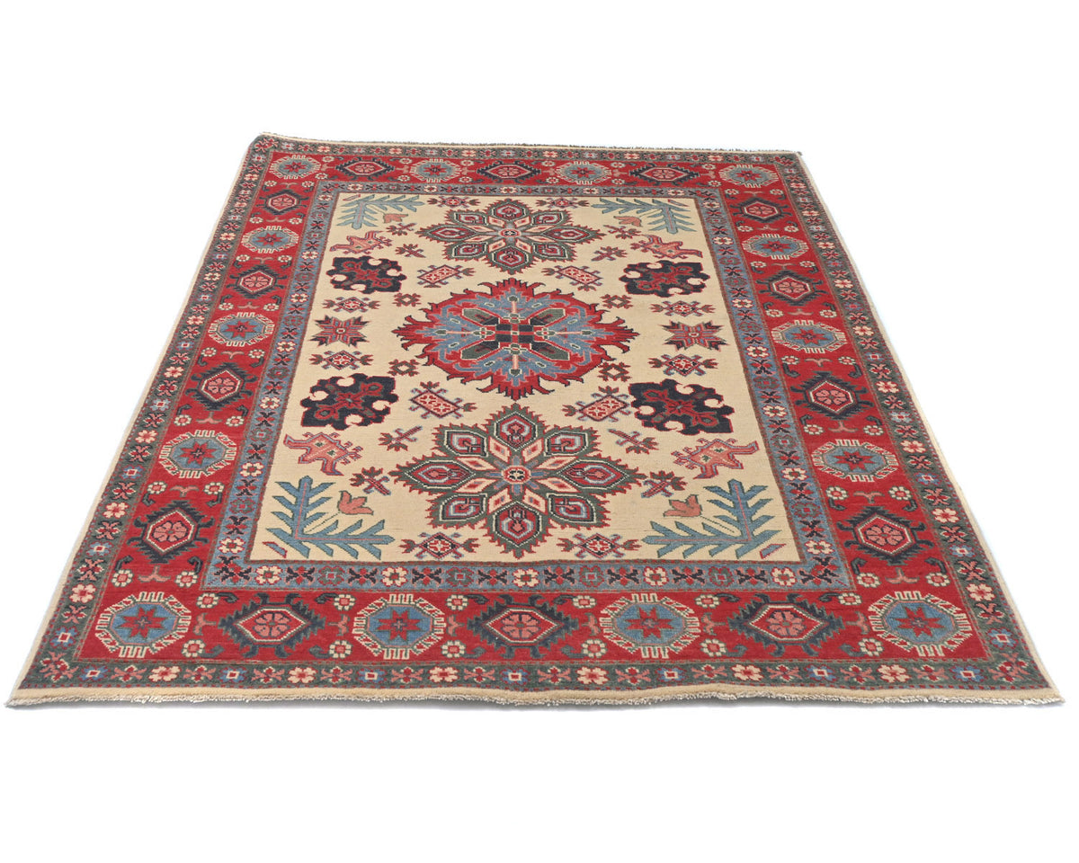 5x7 Beige Kuba Afghan Hand Knotted Wool Area Rug