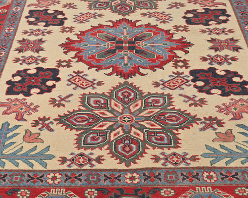 5x7 Beige Kuba Afghan Hand Knotted Wool Area Rug