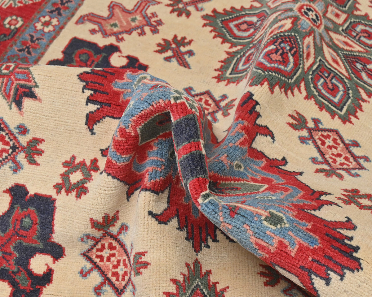 5x7 Beige Kuba Afghan Hand Knotted Wool Area Rug