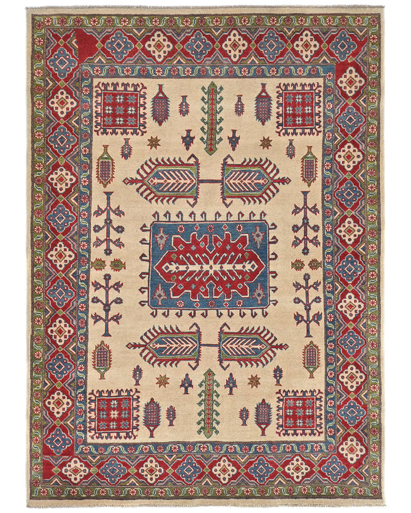 5x7 Beige Kuba Afghan Hand Knotted Wool Area Rug