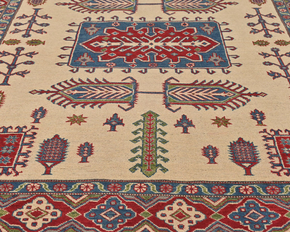 5x7 Beige Kuba Afghan Hand Knotted Wool Area Rug