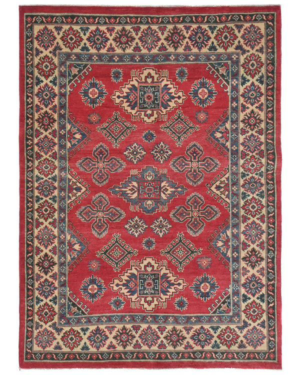 5x7 Red Kuba Afghan Hand Knotted Wool Area Rug