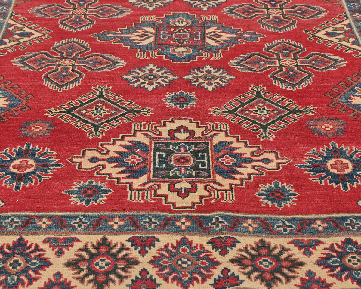 5x7 Red Kuba Afghan Hand Knotted Wool Area Rug