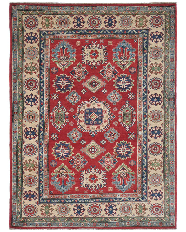 5x7 Red Kuba Afghan Hand Knotted Wool Area Rug