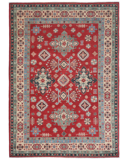 5x7 Red Kuba Afghan Hand Knotted Wool Area Rug