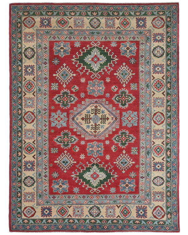 6x8 Red Kuba Afghan Hand Knotted Wool Area Rug