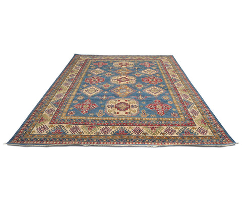 Alfombra afgana Kuba de lana azul anudada a mano de 8 x 10 pulgadas