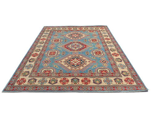 8x10 Blue Kuba Afghan Hand Knotted Wool Area Rug