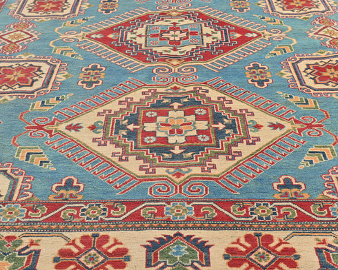 8x10 Blue Kuba Afghan Hand Knotted Wool Area Rug