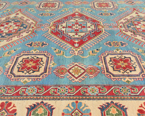 8x10 Blue Kuba Afghan Hand Knotted Wool Area Rug