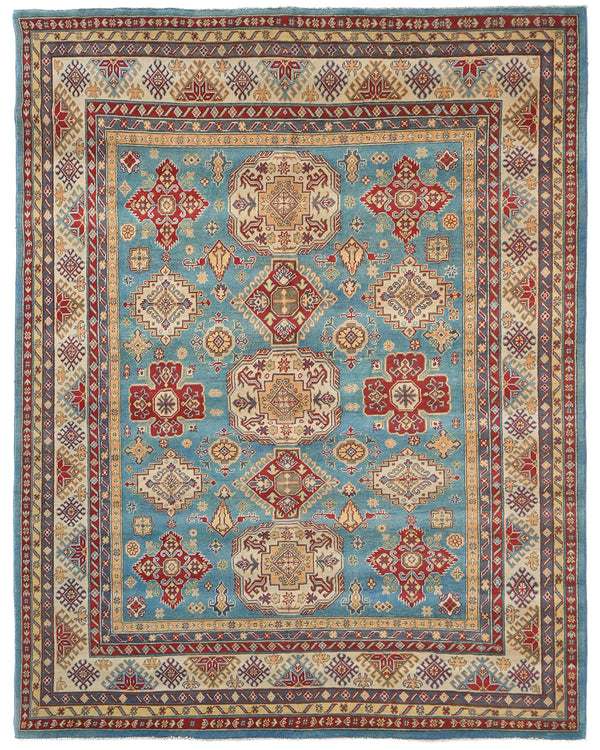 8x10 Blue Kuba Afghan Hand Knotted Wool Area Rug