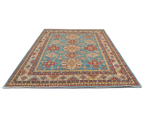 8x10 Blue Kuba Afghan Hand Knotted Wool Area Rug