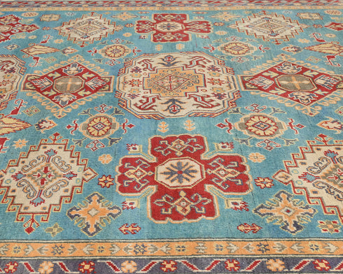 8x10 Blue Kuba Afghan Hand Knotted Wool Area Rug