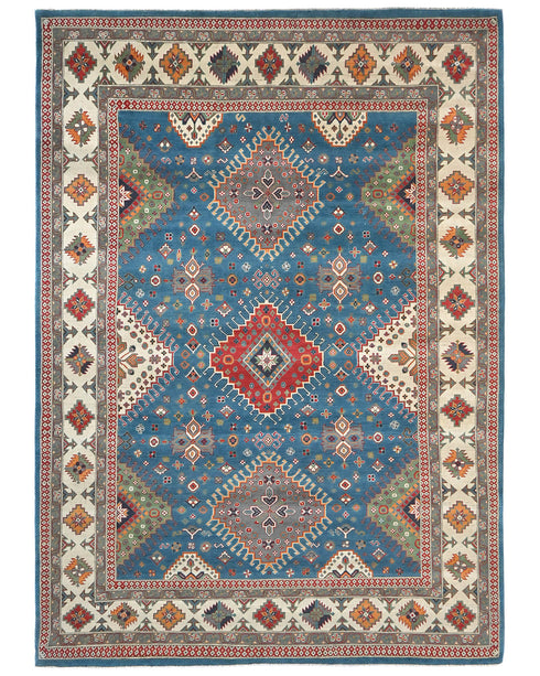 9x12 Blue Kuba Afghan Hand Knotted Wool Area Rug