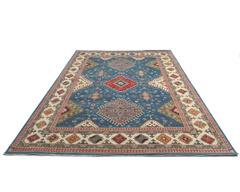 9x12 Blue Kuba Afghan Hand Knotted Wool Area Rug