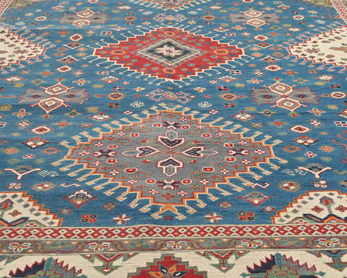 9x12 Blue Kuba Afghan Hand Knotted Wool Area Rug