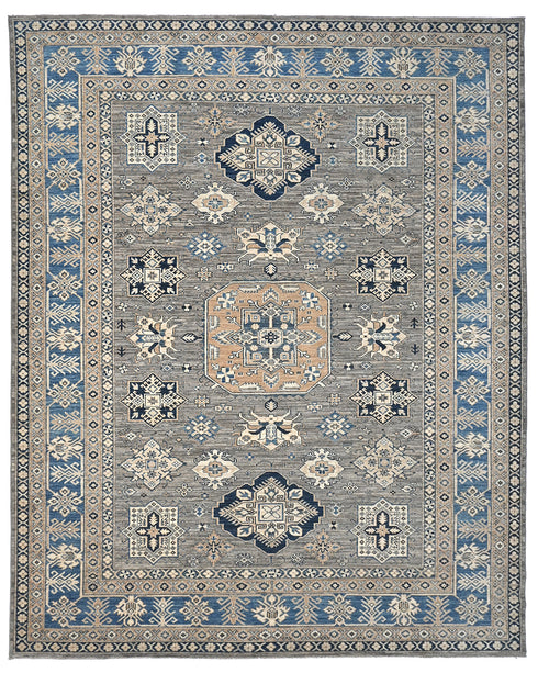 8x10 Feet Gray Kazak Afghan Hand Knotted Geometric Wool Area Rug