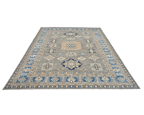 8x10 Feet Gray Kazak Afghan Hand Knotted Geometric Wool Area Rug