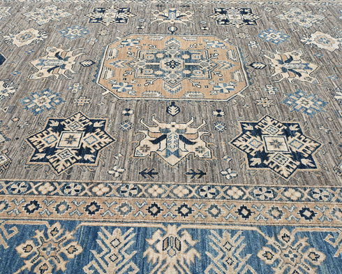 8x10 Feet Gray Kazak Afghan Hand Knotted Geometric Wool Area Rug