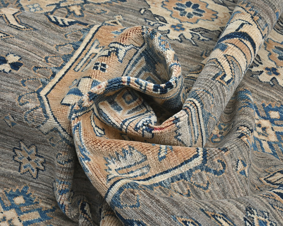Alfombra de lana geométrica anudada a mano, color gris, de Kazak Afghan, de 8 x 10 pies