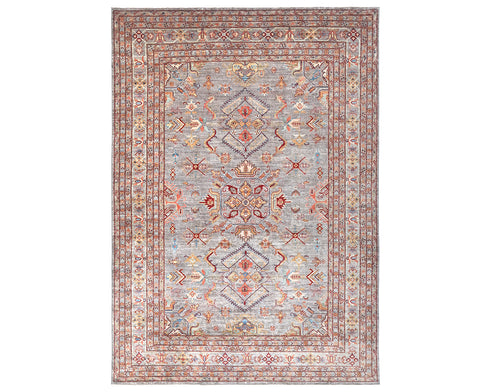 Gray 8x10 Kazak Afghan Hand Knotted Geometric Wool Area Rug
