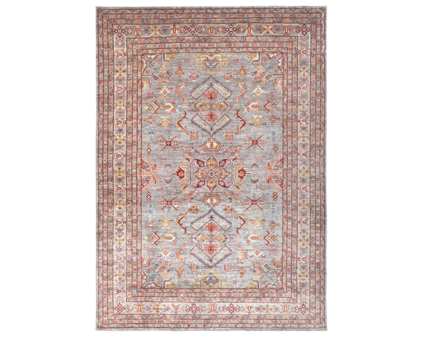 Gray 8x10 Kazak Afghan Hand Knotted Geometric Wool Area Rug