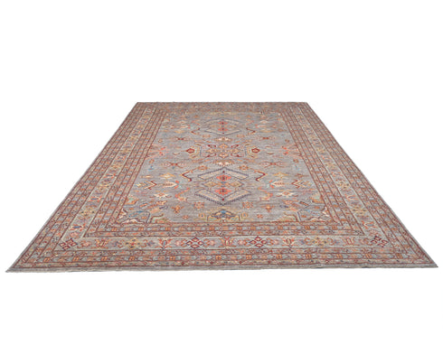 Gray 8x10 Kazak Afghan Hand Knotted Geometric Wool Area Rug