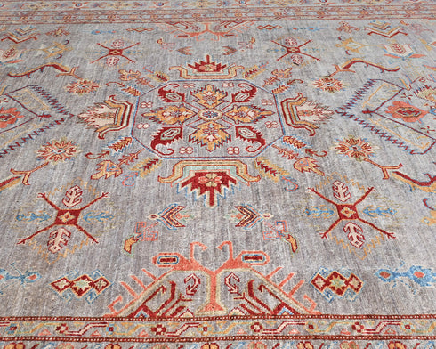 Gray 8x10 Kazak Afghan Hand Knotted Geometric Wool Area Rug